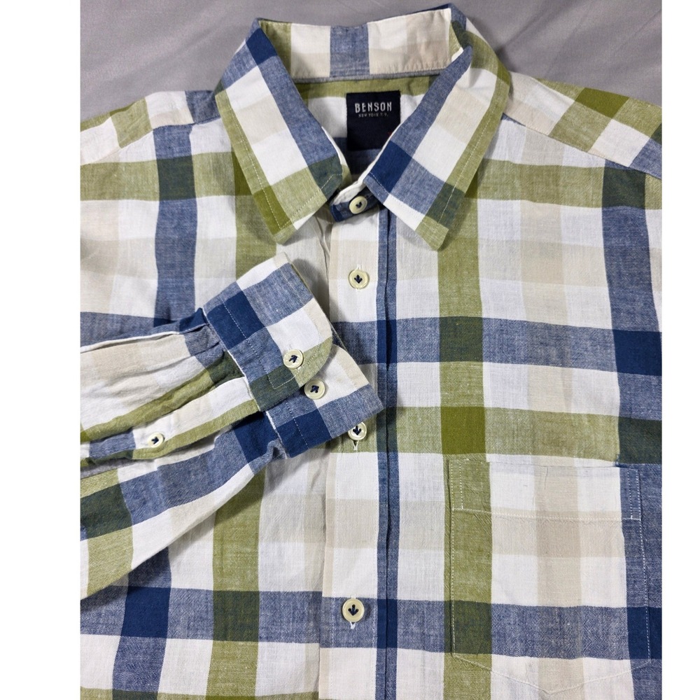 Benson Linen Button Up Shirt Mens Large Green Blue Plaid Long Sleeve Pocket